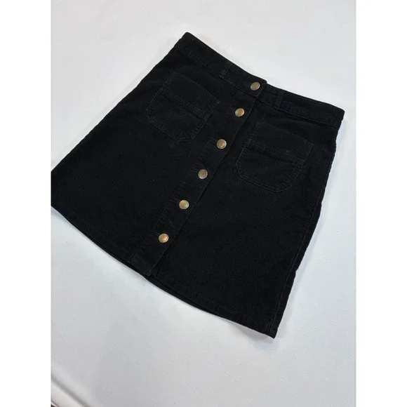 DENIM CO Black Dark Academia Corduroy Button A Line Winter Mini Skirt Size 2 - Picture 3 of 9